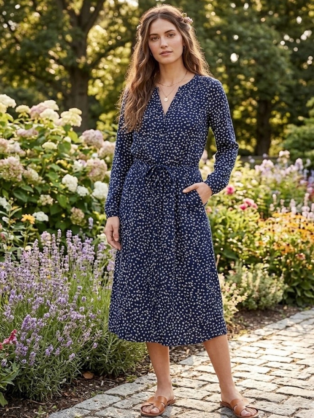 GAP Navy and White Printed Wrap-Style Midi Dress